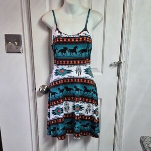 Turquoise Aztec Horse Print Spaghetti Strap Dress